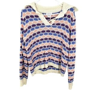 Find Me Now Knit Sweater M/L Colorful Open Weave Pullover Button Collar Boxy Fit